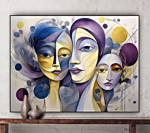 An abstract artwork depicting three women with blue, lavender and yellow faces, highlighting bold colors and artistic expression.