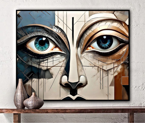 A close-up view of a face, captured in a digital art style. The face is a complex composition of geometric shapes and lines, with a focus on the eyes and nose. The eyes are a striking blue color, framed by a thin black line that adds depth to the image. The nose is a light beige colour as are the cheeks and forehead, contrasting with the blue of the eyes. The blue, tan and copper background provides a neutral backdrop that allows the colors of the face to stand out. The image is characterized by its abstract and geometric style.