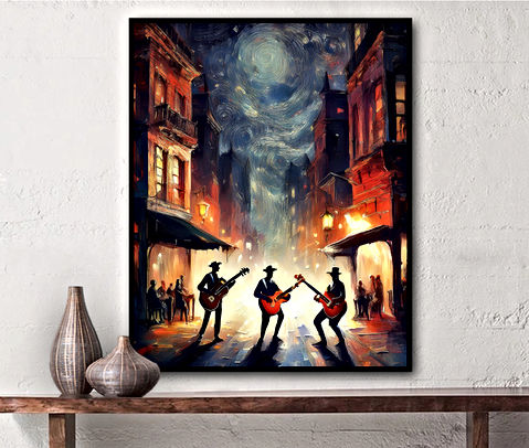 A lively street scene at night. Three musicians, playing guitars, The street is lined with buildings and the sky is filled with stars, creating a starry night effect. The colors used in the painting predominantly are red and blue tones dominating the background, and the yellow and blue tones in the foreground.