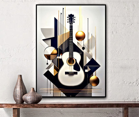 The image features a white guitar at the center with a black design around its sound hole. Surrounding the guitar are various geometric shapes, including triangles and rectangles, predominantly in shades of black, gold, and blue. There are also spherical shapes that appear to be orbs or balls with a metallic finish. The background is neutral, allowing the guitar and geometric elements to stand out. The overall aesthetic is modern and abstract with a musical theme.