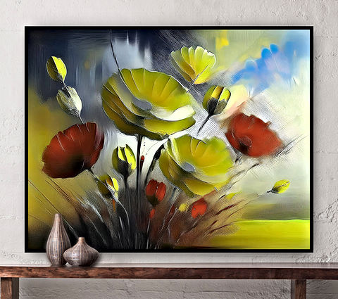 This digitally stylized floral Art has an impressionistic and abstract aesthetic. The artwork features a bouquet of flowers with prominent yellow and red petals set against a textured, dreamy background. The brushstrokes and lighting effects create a sense of movement and depth, giving the flowers a vibrant, almost glowing appearance. The blend of colors, including soft blues, greens, and golden hues, enhances the painting's ethereal and warm atmosphere.
