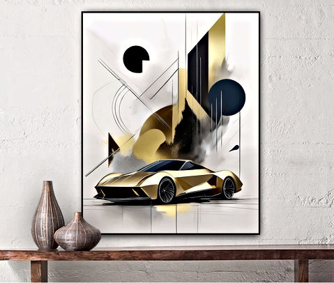 The image features a golden-colored sports car set against an abstract background with geometric shapes in black, gold, and grey tones. The dynamic composition and luxurious design elements make it a striking piece of art.