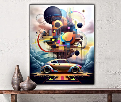 The image shows a surreal and colorful composition with a golden car at the bottom and an abstract, geometric structure floating above it. The structure consists of various shapes, including spheres, cubes, and cylinders, in multiple colors. It is set against a backdrop of clouds and a gradient sky that transitions from yellow to blue.