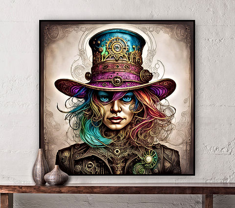 The image features a highly detailed and vibrant steampunk-inspired character. The person has striking blue eyes and colorful, flowing hair in shades of blue, pink, and green. They are wearing an intricately designed top hat adorned with gears, cogs, and other mechanical elements, complementing their ornate attire. The background has a subtle, decorative pattern, adding to the overall steampunk aesthetic.