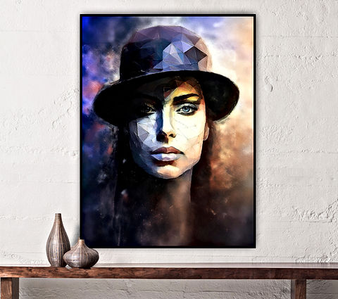 The image portrays a striking, stylized portrait of a woman wearing a hat. The artwork uses geometric facets and polygonal shapes to create a unique texture and depth across her face, giving it a somewhat surreal and digital appearance. The color palette is rich and varied, with tones ranging from deep blues and purples to warmer shades of orange and brown, highlighting the contrast between light and shadow on her face. The overall effect is both modern and artistic, blending realism with abstraction.