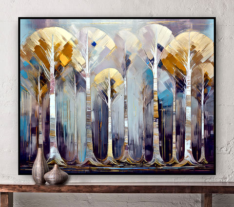 This image depicts an abstract forest scene with tall, slender trees. The trees are rendered with textured, painterly strokes in shades of white and gold, with their canopies forming arch-like shapes above. The background consists of soft, muted tones of blue, gray, and purple, creating a serene and ethereal atmosphere. The overall composition blends elements of geometric abstraction with a natural landscape, giving the scene a dreamlike quality.