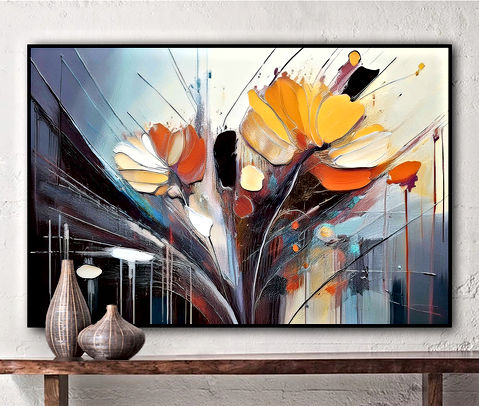 The image is an abstract painting featuring vibrant orange flowers with splashes of white, black, and yellow on a background that combines shades of blue, grey, and brown. Various lines and dots create a dynamic composition that suggests movement.
