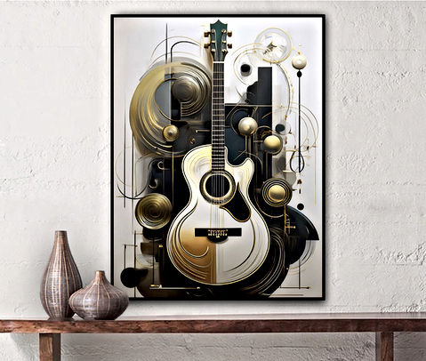 A guitar is depicted in a sleek, geometric style, with a modern twist. The image uses a refined white and gold color scheme, complemented by black accents, all set against a minimalist background. The composition features sharp, angular lines and shapes, blending musical elements with architectural design.