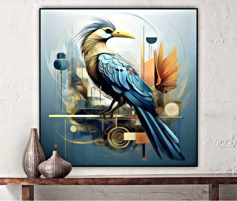 The image features a vibrant blue bird perched amidst abstract geometric shapes. The background consists of soft, muted tones, creating a striking contrast with the bird’s vivid feathers. The combination of realism in the bird and modern graphic design elements makes this artwork visually captivating and unique.