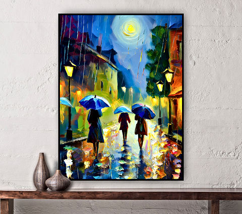 The image is a colorful painting depicting three individuals with umbrellas walking down a wet street at night, illuminated by street lamps and a bright moon or light source above. The reflections on the wet pavement add to the vibrant atmosphere of the scene.