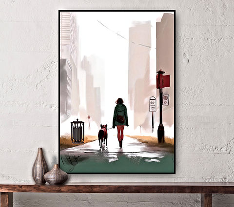 The image shows an artistic scene of a person walking a dog down a quiet city street. The person is dressed in a green jacket and red pants, while the dog has a red coat. The street is surrounded by tall, fog-covered buildings, giving the scene a misty, dreamlike atmosphere. There is a lamppost and a trash bin on the sidewalk, and the background fades into a hazy, almost abstract skyline. The overall tone is peaceful and somewhat melancholic.