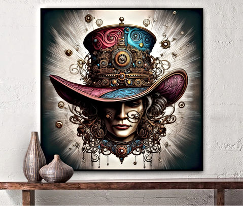 The image depicts the head of a steampunk person wearing a vibrant high hat in red and blue, adorned with gold metal accents. The background is beige with a black vignette effect in all corners, adding a vintage and dramatic touch to the overall composition.