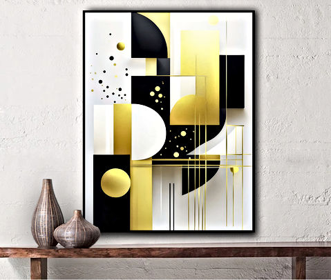 A complex arrangement of geometric shapes and lines, predominantly black and gold, with some white accents. A sense of depth and complexity is perceived.