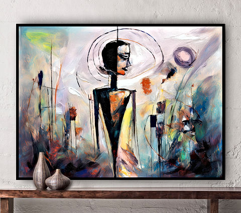 This abstract Art features geometric shapes and vibrant colors, creating a cityscape reflection on water. A solitary silhouette stands in the center, adding a human touch to the dynamic scene. Perfect for contemporary art lovers.