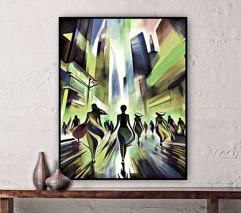 The image shows a vibrant, futuristic cityscape with tall skyscrapers glowing in shades of green and purple. In the foreground, several silhouettes of women in flowing dresses walk confidently down the illuminated streets, with the buildings towering above them. The overall atmosphere is dynamic, with a sense of movement and energy, while the color palette creates a dreamlike, almost surreal effect.