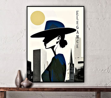 The image presents a woman elegantly dressed in a black hat and a blue dress, standing in front of a cityscape. The cityscape is composed of various buildings, including a tall tower and a church with a tall spire. The woman's face is partially obscured by the hat, adding a sense of mystery to her appearance. The image is rendered in a digital art style, with a predominantly black and white color scheme.