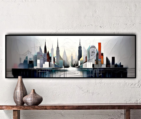 A stylized and abstract cityscape. The skyline features a series of tall, slender skyscrapers, each with unique designs and patterns. The buildings are arranged in a way that creates a sense of depth and dimension. The lower portion of the image reflects the buildings as if they are situated near water, adding to the abstract nature of the scene. The colors are muted, with shades of gray, white, and some subtle hints of color like orange and blue, which adds a modern and sophisticated touch to the overall composition.