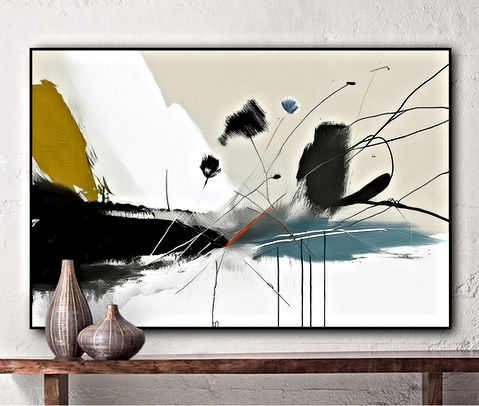 This is an abstract image featuring a variety of shapes and brushstrokes in a limited color palette. Dominant colors include white, black, blue, and touches of yellow and red. The composition is dynamic with splatters, lines, and larger forms that create a sense of movement.