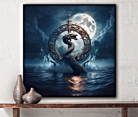 This stunning artwork features a mythical dragon emerging from the ocean, entwined with an ornate, circular metal structure resembling an ancient gateway or celestial compass. The scene is bathed in an eerie moonlight, with a massive full moon illuminating the stormy clouds above. The dark, crashing waves and dramatic lighting create a powerful, mystical atmosphere, evoking themes of legends, fantasy, and the unknown depths of the sea. The intricate detailing on the metal ring and the dragon’s fierce, serpentine form add to the sense of grandeur and mystery.