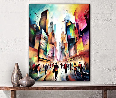 The image depicts a vibrant, abstract cityscape with towering skyscrapers in various colors, ranging from deep blues to bright yellows and reds. The scene is bustling with people walking along the streets, their figures rendered in a stylized, almost impressionistic manner. The sky is a blend of soft pastels, adding a dreamlike quality to the urban environment. The overall composition is dynamic and energetic, capturing the essence of a lively, modern city.