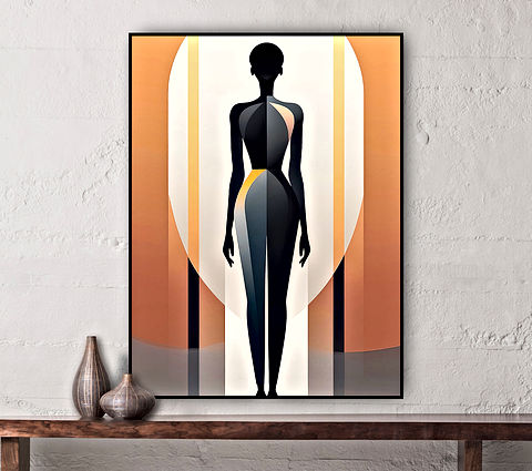 A modern woman, multi-colored, facing forward, create with sleek geometric shapes of various colours. She is lit with a white background with yellow, orange and black accents.