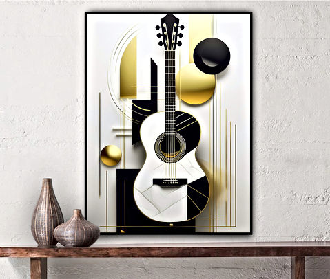 Featuring a stylized guitar, this image blends abstract and modern design elements with a focus on geometric shapes. The guitar is highlighted in a crisp black and white color scheme with gold accents, set against a simple, minimalist background, creating a fusion of musical and architectural artistry.