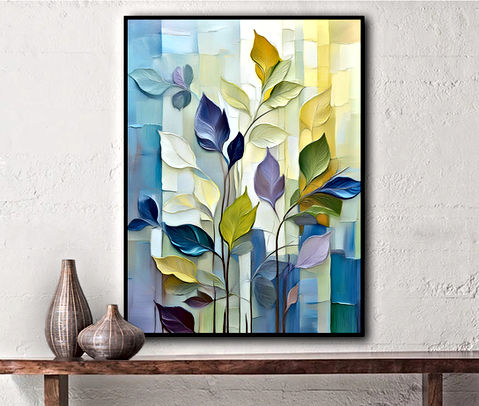 The image shows an abstract painting of stylized leaves in shades of blue, green, and yellow against a background with vertical color bands.