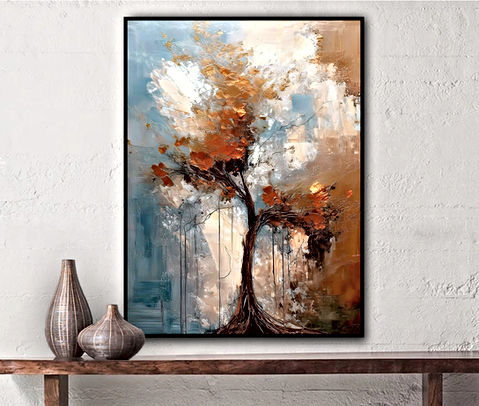 A textured, abstract tree in brown and bronze with blurred branches, set against a dreamy backdrop of muted blues, browns and whites.