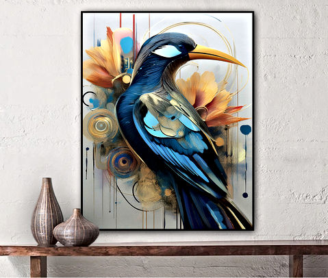 The image shows a stylized, artistic depiction of a bird with prominent blue feathers and an orange beak. The background includes abstract elements and splashes of color that give the impression of a dynamic, possibly whimsical environment