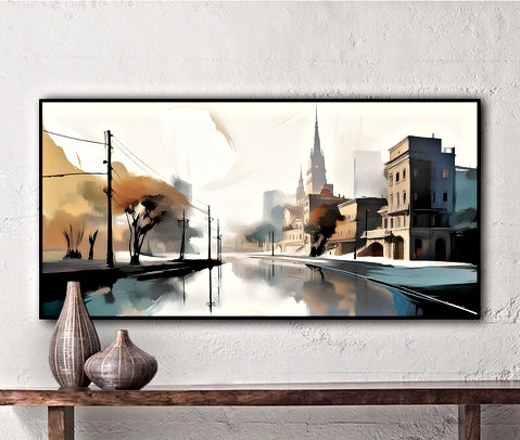 This digital image captures a dreamy, semi-abstract cityscape with warm golden tones blending into cool blues. The scene features a calm waterway reflecting historic architecture, delicate power lines, and autumn-hued trees. A misty atmosphere softens the details, evoking a sense of nostalgia and tranquility. The combination of impressionistic strokes and sharp architectural elements creates a harmonious balance between reality and imagination, making it a perfect piece for modern or classic interiors.