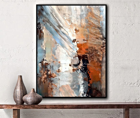 The image is an abstract with a textured, layered composition. It features a blend of colors, predominantly cool tones like gray, white, and blue, contrasted by warm earthy hues such as burnt orange and brown. Broad, sweeping brushstrokes and intricate detailing create depth and movement within the piece. It has an expressive quality, with areas of light and dark interacting dynamically, giving it an organic and atmospheric feel. The combination of rough, rugged textures with softer transitions makes it visually engaging and evocative.