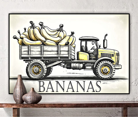 A vintage-style illustration showcases a yellow tractor with a wooden trailer overloaded with massive bananas. The artwork features intricate linework and shading, giving it a hand-drawn, retro aesthetic. The tractor, with its rugged tires and detailed mechanical components, appears sturdy and functional, evoking a classic farm vehicle. The bananas, exaggerated in size, create a surreal and whimsical effect, making the image both humorous and artistic. The word "BANANAS" is prominently displayed at the bottom, reinforcing the playful and eye-catching nature of the scene.