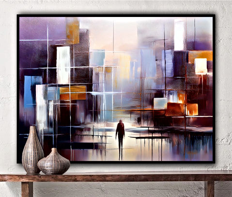 This abstract features geometric shapes and vibrant colors, creating a cityscape reflection on water. A solitary silhouette stands in the center, adding a human touch to the dynamic scene. Perfect for contemporary art lovers.