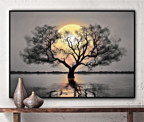 This mesmerizing digital artwork captures a solitary tree emerging from a calm lake, silhouetted against a glowing golden sun. The intricate, delicate branches extend in all directions, creating an organic lacework that contrasts beautifully with the smooth, radiant backdrop. The reflection on the water adds depth and tranquility, enhancing the surreal, dreamlike quality of the scene. The balance of warm golden hues and cool, dark tones evokes a sense of mystery and serenity, making this piece a stunning visual representation of nature’s quiet majesty.