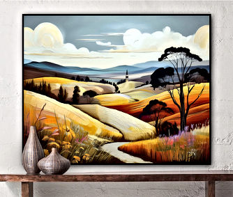 The image conveys a peaceful yet whimsical atmosphere, reminiscent of both traditional landscape paintings and modern digital art styles. The color palette emphasizes warmth and nostalgia, evoking a sense of journey and discovery.