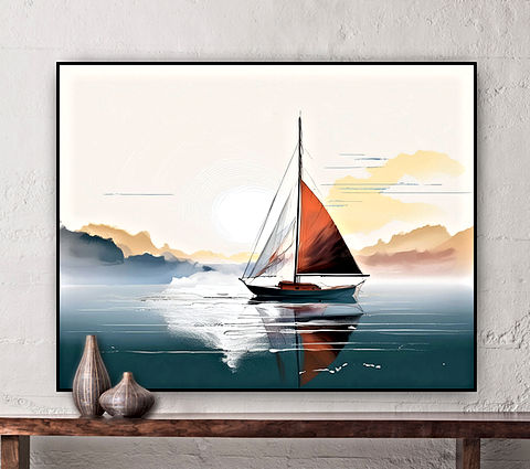 This image portrays a beautifully stylized sailboat gliding across calm waters, set against a serene and artistic backdrop. The boat features a striking sail with a gradient of warm colors, transitioning from deep red to black, adding a dramatic contrast to the soft, pastel hues of the sky and distant mountains. The reflection of the sailboat on the water enhances the sense of tranquility and balance. The background consists of abstract yet delicate brushstrokes, depicting a hazy sunrise or sunset with golden and blue tones. The overall composition blends realism with an artistic, dreamlike quality, creating a peaceful and visually captivating scene.