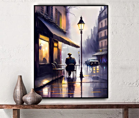 This abstract painting features geometric shapes and vibrant colors, creating a cityscape reflection on water. A solitary silhouette stands in the center, adding a human touch to the dynamic scene. Perfect for contemporary art lovers.