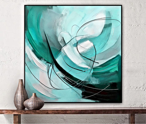This is an abstract image featuring a swirling composition of sweeping lines and curves. The color palette is dominated by shades of teal, turquoise, and soft gray, with accents of black and white. The brushstrokes are bold and fluid, creating a sense of movement and energy within the piece. The overall effect is dynamic and modern, evoking a sense of fluidity and grace.