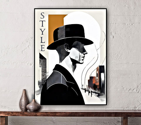 The image depicts a man in a black suit and hat, standing in front of a cityscape. The man's profile is shown, with his face and upper body visible. The cityscape behind him is a blend of modern and traditional architecture, with buildings of varying heights and designs. The colors used in the image are predominantly black, white, and gray, creating a monochromatic aesthetic. The man's hat is black, contrasting with the white of his suit. The cityscape behind him is a mix of red, gray, and white, adding depth and dimension to the image. The word "STYLE" is prominently displayed in the top left corner of the image.