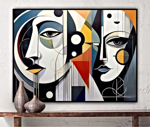 Abstract depiction of two women, illustrated through vibrant shapes and colors, showcasing artistic expression and creativity.