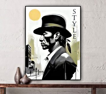 The image depicts a man wearing a black top hat, a white shirt and suit jacket standing in front of a cityscape. The background is a blurred cityscape, suggesting an urban setting. The image is rendered in black and white with olive accents. The style of the illustration is realistic, with attention to detail in the man's attire and the cityscape.