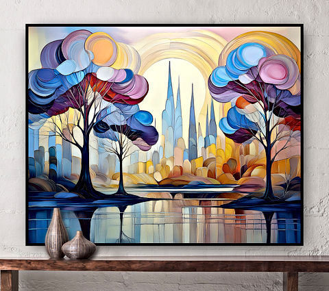 The image is an abstract painting featuring vibrant colors and blurred shapes. Central to the image is a solitary figure walking towards the viewer, flanked by tall, tree-like structures with rounded tops. The colors suggest a setting at dusk or dawn, creating a dreamlike atmosphere.