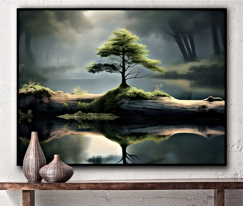 This stunning artwork captures a solitary tree growing atop a fallen log, within a misty, reflective lake. The soft glow of light filtering through the dense fog adds an ethereal ambiance, creating a scene of peace and resilience. The dark, shadowy forest in the background enhances the sense of mystery and seclusion, while the perfect reflection in the calm water symbolizes balance and harmony in nature. The artwork evokes a deep sense of solitude, hope, and the enduring beauty of life in the face of adversity.