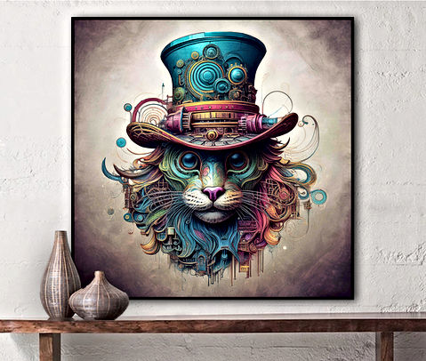 This captivating artwork fuses elements of steampunk and fantasy, featuring a whimsical cat donning an intricately designed top hat. The vibrant colors and mechanical details create a striking visual narrative, inviting viewers into a world where imagination and engineering collide.