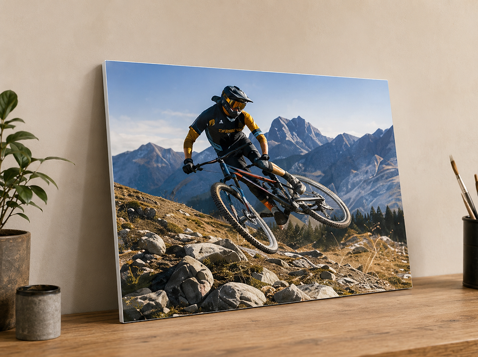 Custom mountain biking photo displayed on canvas, showing the type of personalized artwork created by MOC.