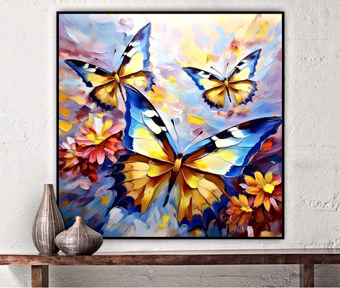The image shows a vibrant painting of three butterflies with predominantly blue and yellow wings, set against a background of colorful flowers and a soft-focus blend of yellow, blue, and purple hues.