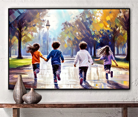 This vibrant image portrays four children joyfully running along a path in a park during autumn. The warm, colorful tones of the foliage and the lively movement of the children evoke a sense of freedom, happiness, and connection with nature.