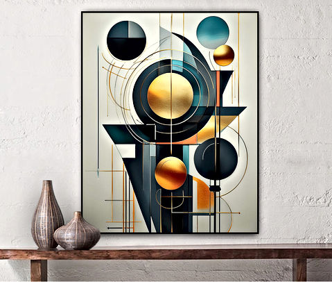 The image is an abstract painting featuring geometric shapes and lines. There are circles of various sizes and colors, including black, blue, and shades of orange. The background consists of vertical and horizontal lines creating a grid-like pattern with a mix of curved lines intersecting the grid. This artwork uses geometric abstraction to create a sense of depth and movement.