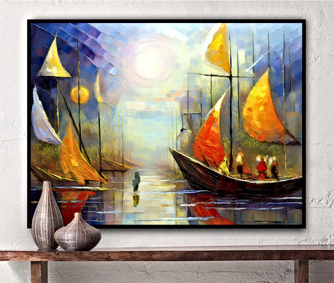 The depicts a colorful abstract image of a maritime scene. It features several sailboats with vibrant orange and yellow sails, possibly reflecting the sunlight or sunset. The background suggests a body of water with reflections and a bright circular form that could be interpreted as the sun. The brushwork appears to be loose and expressive, contributing to the abstract quality of this Art.