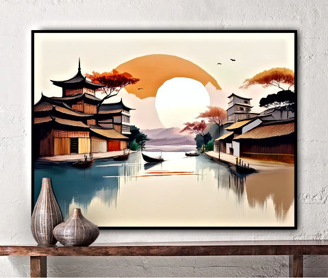 A serene Asian village scene. The sky is painted in a soft orange hue, serving as a backdrop for the village which is nestled on the banks of a river, with traditional Japanese houses and buildings lining the riverbanks. The houses are painted in a variety of colors, including shades of brown, gray, and red, adding depth and texture to the scene. The river is dotted with boats, their reflections shimmering on the water's surface. The sun is positioned off center of the image, casting a warm glow over the entire scene.